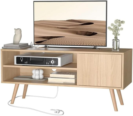 Cozy Castle TV Stand for 48-55 Inch TV, Mid Century Modern Entertainment Center with Storage Cabinet, TV Media Console with Charging Station for Living Room (Oak, 43.3" W x 15.7" D x 19.5" H)