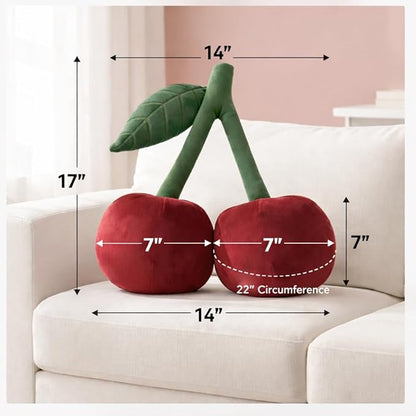 Cherry Pillow for Preppy Room Decor –17x14 In 3D Decorative Cherry Throw Pillow in Luxe Velvet –Shape Hold Fill Fruit Cushion with Sculpted Stem & Embroidered Leaf for Sofa & Aesthetic Home Decor ,Red