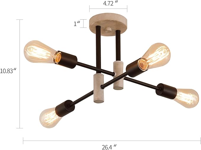 MEIXISUE Farmhouse Ceiling Light Fixtures,Oak+Black,4-Lights Rustic Vintage Metal Sputnik Chandelier for Bedroom Living Room Dining Room Kitchen Entryway Hallway Office UL Listed
