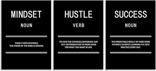 Motivational Canvas Wall Art for Office Mindset Hustle Success 3 Panel Print Inspirational Poster Painting Modern Inspiring Artwork for Home Living Room Gym Decor Ready to Hang [60''Wx 28''H]
