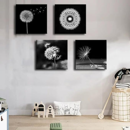 weiyiart Black and White Floral Wall Art, Dandelion Canvas Painting Prints Artwork, Rustic Minimalist Flower Botanical Pictures for Farmhouse Bathroom Bedroom Living Room Decor, 16x16x4pcs