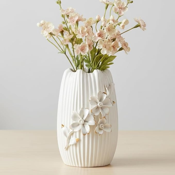 White Ceramic Vase - 7 Inch Textured Boho Flower Vase, Modern 3D Floral Vases Home Decor, Living Room, Table, Wedding Decor, Easter Centerpiece