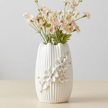 White Ceramic Vase - 7 Inch Textured Boho Flower Vase, Modern 3D Floral Vases Home Decor, Living Room, Table, Wedding Decor, Easter Centerpiece