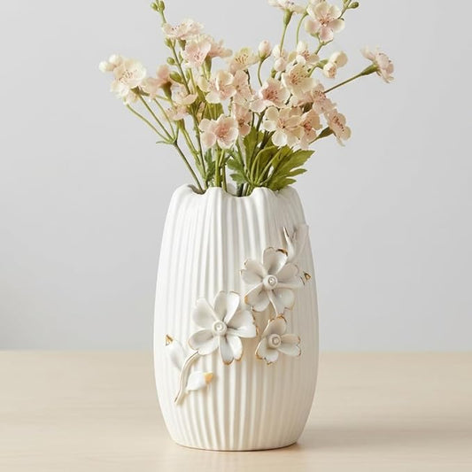 White Ceramic Vase - 7 Inch Textured Boho Flower Vase, Modern 3D Floral Vases Home Decor, Living Room, Table, Wedding Decor, Easter Centerpiece