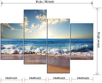 Modern Landscape Beach Ocean Wave Pictures Painting on Canvas 4 Piece Combination Set Landscape Pictures Wall Art for Living Room Home Decor Wooden Framed Stretched Ready to Hang (56" W x 44" H)