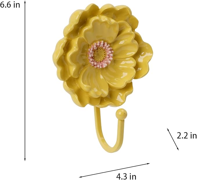 Guichifun Flower Shaped Decorative Wall Hooks - 2pcs Resin Yellow Vintage Decor Hanger for Keys, Bags, Towels Bathroom Living Room Kitchen Home Decoration Gift 4.3 x 2.2 x 6 Inch