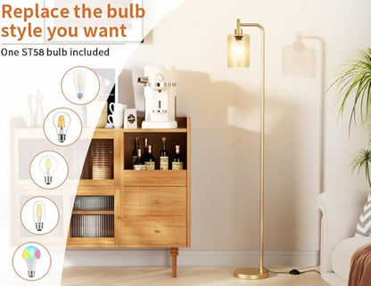 Ziisee Floor Lamps for Living Room - Standing Lamp with Seeded Glass Shade, Modern Gold Floor Lamp with LED Bulbs, Bright Industrial Floor Lamp for Bedroom, Tall Lamp for Office - Gold