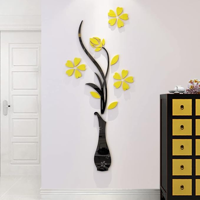 3D Vase Wall Murals for Living Room Bedroom Sofa Backdrop TV Background, Originality Stickers Gift, DIY Wall Decal Decor (Yellow, 47 X 18 Inches)