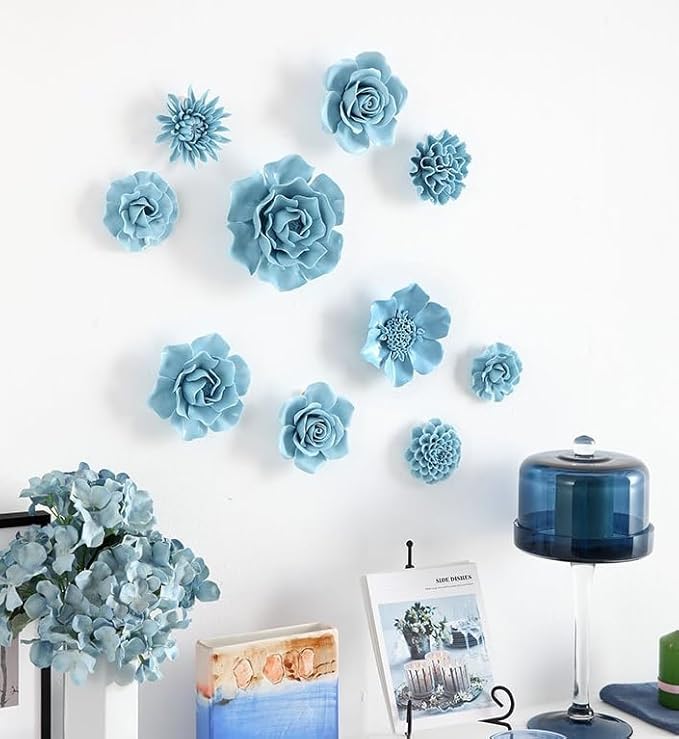 AMERRY 3.94" Ceramic Rose Wall Art, 3D Handmade Porcelain Hanging Sculpture for Home Office Decor (Blue)