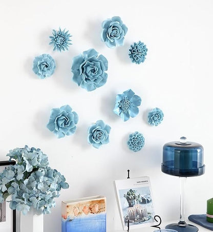 AMERRY 3.94" Ceramic Rose Wall Art, 3D Handmade Porcelain Hanging Sculpture for Home Office Decor (Blue)