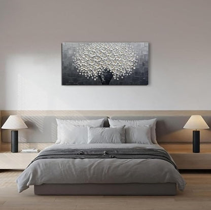 YaSheng Art - Oil Painting Wall Art hand painted White Floral Artwork 3D Thick Texture Black and White Floral Vase Canvas Wall Art Modern Abstract Art Home Bedroom, Dining Room, Living Room, Office Wall Decor 24x48inch