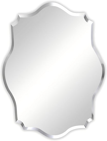 Frameless Scalloped Wall Mirror: Decorative Scallop Oval Mirrored Glass Vanity with Beveled Silver Edge for Bathroom Bedroom Livingroom Dining Room Entryway Hallway, 28 x 20 inch