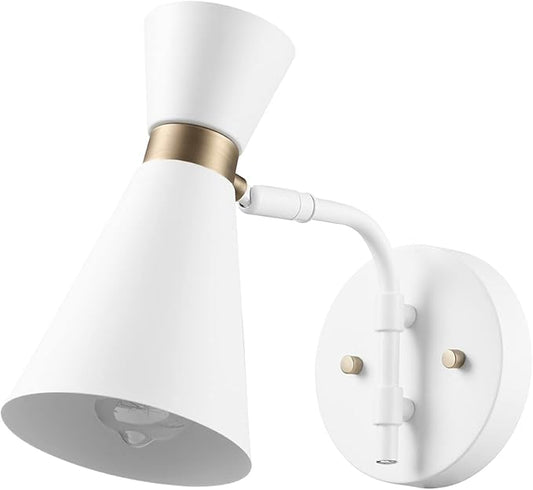 Globe Electric 65000030 1-Light Wall Sconce, White, Matte Brass Accent, Wall Lights for Living Room, Bedroom, Den, Mounted Bedside Lamp, Apartment Essentials, Dimmable, Light for Apartment and Rentals