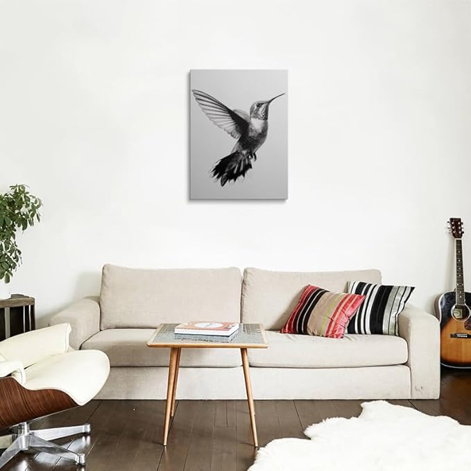Black and White Hummingbird Canvas Wall Art Framed Detailed Pencil Drawing Print High Contrast Minimalist Bird Wall Decor Artwork Poster for Modern Home Office Decor 12x16 Inches
