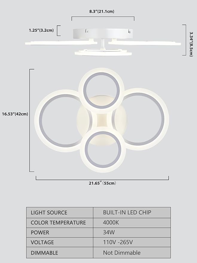 Modern LED Flush Mount Ceiling Light, 4 Rings White Close to Ceiling Light Fixtures, Kitchen Lighting Fixture Ceiling Lamp for Bedroom, Living Room, Laundry Room, 4000K Not Dimmable