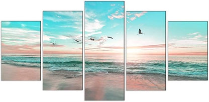 EPHANY Modern Ocean Beach Wall Art - Sunrise Sea Landscape, Canvas 5 Pieces, Blue Sea Sky Picture, Office & Living Room Wall Decor (D-5pcs,80"x40")