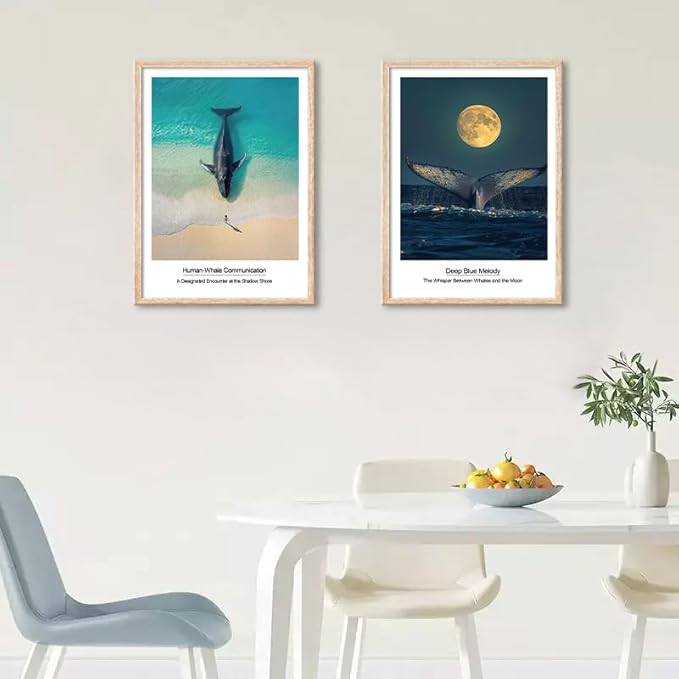 Framed Nautical Bathroom Wall Art Decor Blue Coastal Ocean Landscape Painting Print Artwork Whale Tail on Surface Picture for Modern Bedroom Kitchen Kids Room Home Decor 12"x16"x2 Pcs