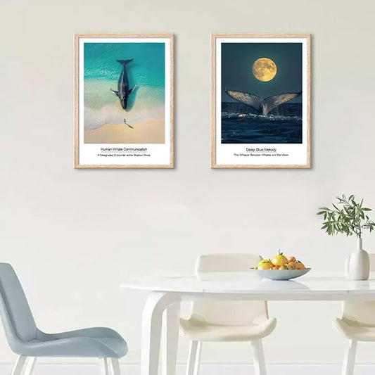 Framed Nautical Bathroom Wall Art Decor Blue Coastal Ocean Landscape Painting Print Artwork Whale Tail on Surface Picture for Modern Bedroom Kitchen Kids Room Home Decor 12"x16"x2 Pcs