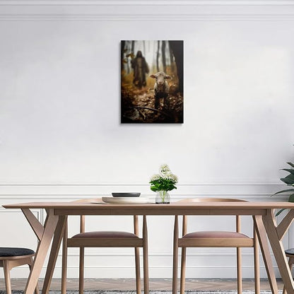 Religious wall decor for prayer room Christian wall art for Christmas decorations indoor Jesus and Lamb canvas wall prints Jesus Running After Lost Lamb Picture for home decor Baptism gifts for boys-girl serenity prayer wall art for catholic Women chri...