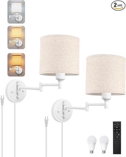 GOODATE Plug in Wall Sconces with Remote Control, Dimming, Adjustable Colors 2700K-6500K, Hardwire or Plug-in, Swing Arm Wall Lamp with Linen Fabric Shade, Wall Sconces Set of Two, White Finish