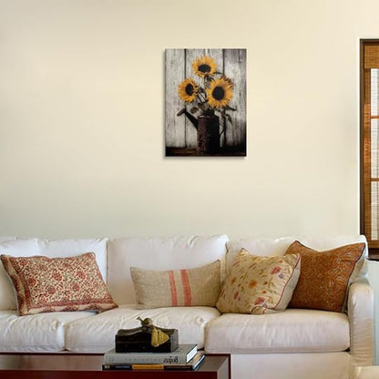 Farmhouse Sunflower Canvas Wall Art Framed Print Rustic Still Life with Vintage Watering Can on Whitewashed Wood Wall Decor Artwork for Kitchen Country Decor 16x24 Inches