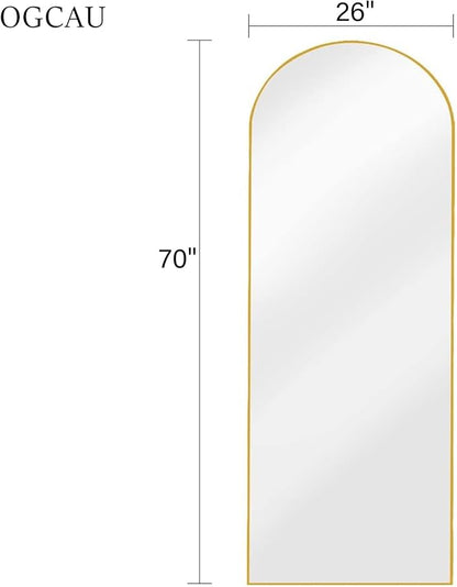 OGCAU Full Length Mirror, 70"x26" Arched Full Body Floor Mirror with Stand, Hanging or Leaning, Standing, Wall Mounted with Aluminum Frame for Bedroom Living Room (Gold)