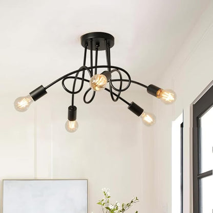 Modern Farmhouse Chandelier,25 Inch 5 Light Sputnik Semi Flush Mount Ceiling Light, Metal Black Rustic Light Fixture for Dining Room Bedroom Kitchen Hallway Entryway