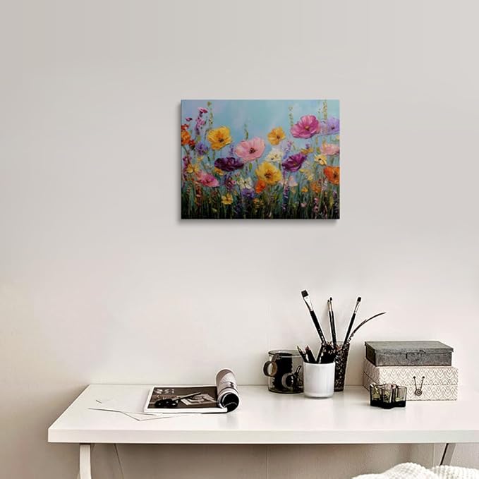 Impasto Wildflower Meadow Canvas Wall Art Framed Oil Painting Vibrant Poppies in Sunny Yellow Pink Purple Thick Textured Brushstrokes Bright Wall Decor Artwork for Living Room Bedroom 12x16 Inches