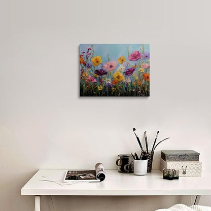 Vibrant Wildflower Poppy Canvas Wall Art Framed Painting Bold Impasto Style Bright Yellow Pink Orange Blooms Textured 3D Effect Cheerful Wall Decor Artwork for Bedroom Office 16x24 Inches