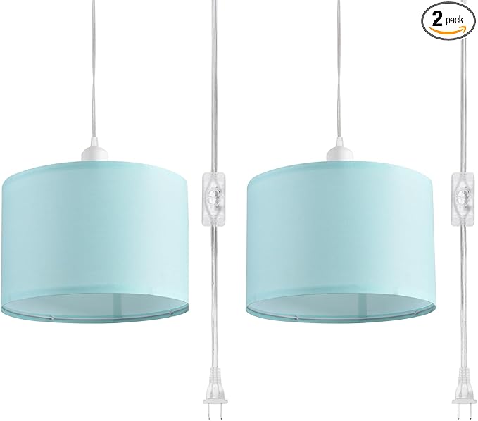 2 Pack Plug in Pendant Light, Hanging Light with 15Ft Clear Cord, On/Off Switch, Blue Fabric Lamp Shade, Hanging Light Fixture for Bedroom, Kitchen, Living Room, Dining Table