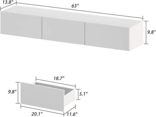 Homsee Floating LED TV Stand for TVs up to 70", Wall Mounted Wood Media Console with Glossy Surface & LED Lights, Modern Entertainment Center with 3 Drawers for Living Room, Bedroom, White