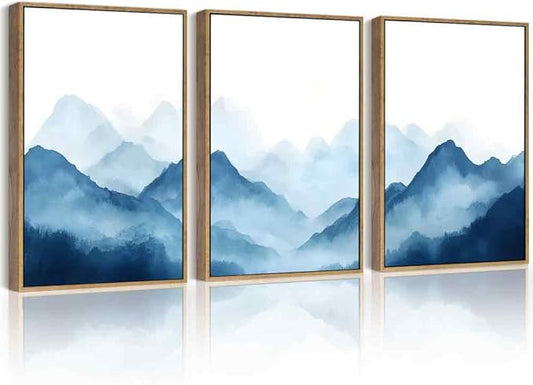 Drsoum Blue Fog Mountains Landscape Wall Art Framed Vintage Nature Misty Nordic Prints Ink Wash Watercolor Boho Farmhouse Rustic Artwork Hallway Bedroom Ready to Hang 12x16in Natural Framed