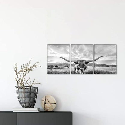 3 Panels Highland Cow Wall Art Modern Black and White Pictures Longhorn Wall Decor Artwork Animal Cow Posters Canvas Prints Painting Living Room Bedroom Home Office Decoration, Framed 12" Wx16 Hx3pcs