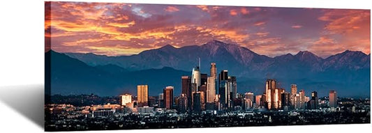 iKNOW FOTO Cityscape Canvas Wall Art California in Sunrise Poster Artwork Canvas Prints USA Famous Landmark Art Wall Decor Downtown Los Angeles Skyline Picture Painting for Bedroom Decor 20x55inch