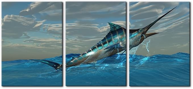 Pacimo Fish Canvas Art Wall Decor Blue Marlin Fish Bursts from Ocean Waters Pictures Prints on Canvas Tropical Animal Paintings 3 Panels Modern Artwork Home Decoration Framed Ready to Hang - 20"x28"x3