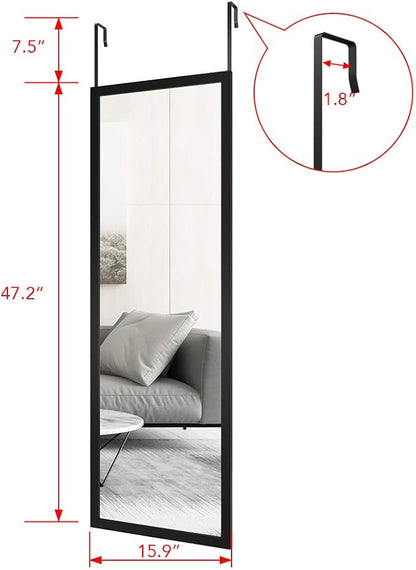 whitebeach Full Body Length Door Hanging Wall Mounted Mirror with 2 Metal Hangers for Bedroom Living Room Bathroom(Black, 48 * 16")