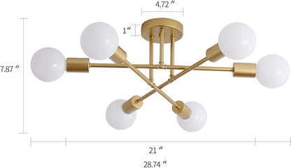 MEIXISUE Gold Modern Sputnik Chandelier Ceiling Light Fixtures,6-Lights Industrial Metal Semi Flush Mount Ceiling Light for Bedroom Dining Room Living Room Kitchen Hallway UL Listed