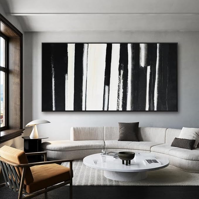 Framed Abstract Canvas Wall Art - Large Minimalist Stripes Black & White - Modern Wall Decor for Living Room, Bedroom, Kitchen & Office - 29"58"