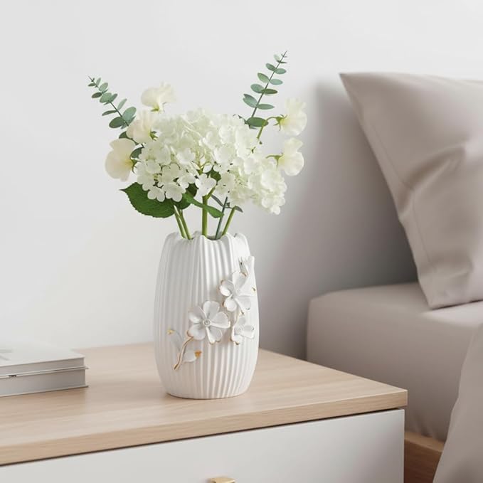 White Ceramic Vase - 7 Inch Textured Boho Flower Vase, Modern 3D Floral Vases Home Decor, Living Room, Table, Wedding Decor, Easter Centerpiece