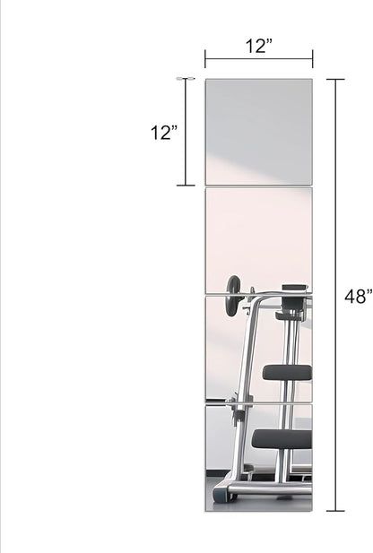 Ruomeng Full Length Wall Mirror Tiles, 12" x 12" x 4Pcs Frameless Wall Mounted Mirror Glass Wall Mirror for Home Gym, Door, Bedroom, Living Room