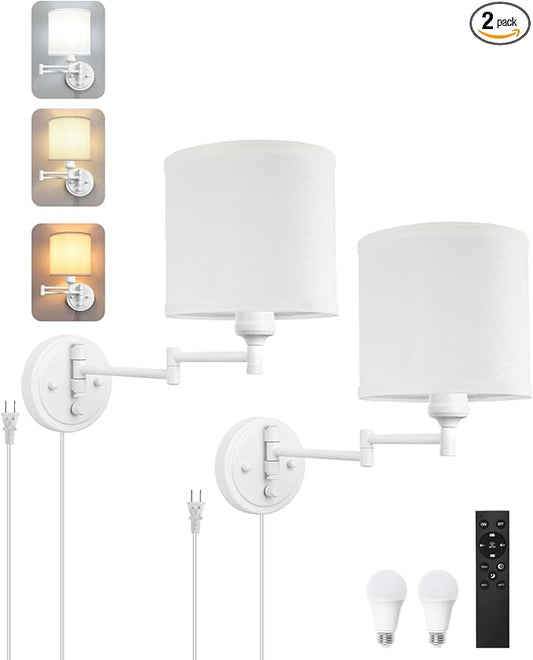 GOODATE Plug in Wall Sconces with Remote Control, Dimming, Adjustable Colors 2700K-6500K, Hardwire or Plug-in, Swing Arm Wall Lamp, Wall Sconces Set of Two, White Fabric Shade, White Finish