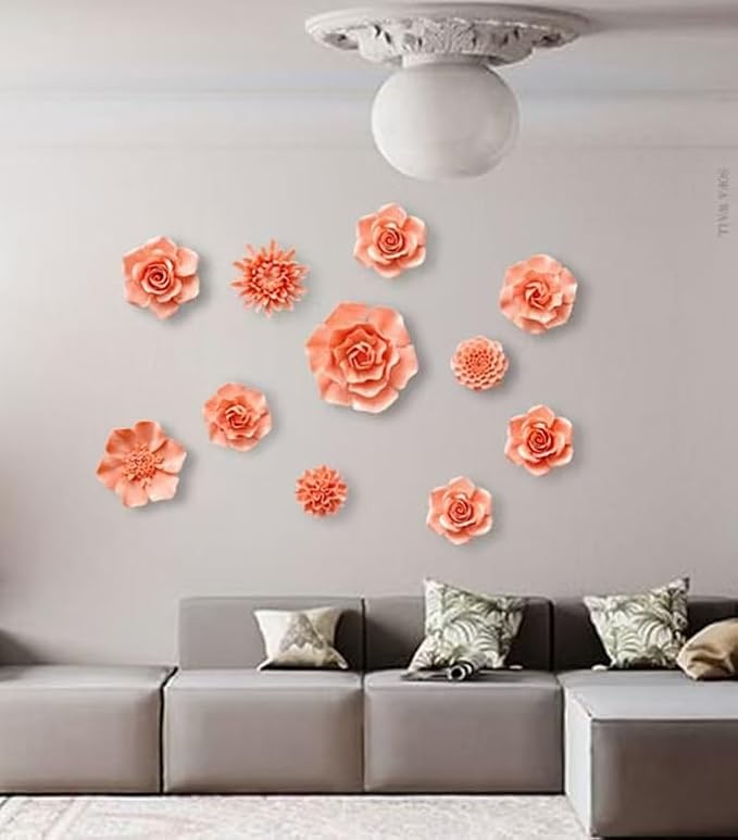 Carnation 3.15" Ceramic 3D Wall Art, Handmade Porcelain Flower Decoration for Home Office Decor (Orange Pink)