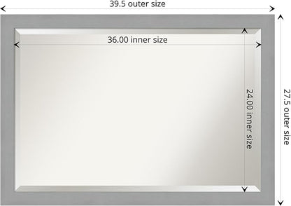 Amanti Art Silver Bathroom Mirror for Over Sink, 27x39 Brushed Nickel Rectangle Vanity Mirror, Large Modern Frame, Hangs Horizonally and Vertically, Bathroom Wall Decor, Beveled Edge