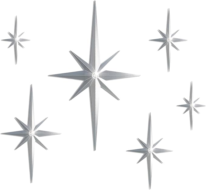 BreezeHug 6 Pcs Mid Century Modern Home Decor Star Art Wall Sculpture with Rhinestone Retro 3D Plastic Star Art Wall Sculpture Bling Diamonds Decor for Home Office Bedroom Entryway(Silver)