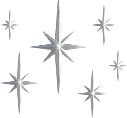 BreezeHug 6 Pcs Mid Century Modern Home Decor Star Art Wall Sculpture with Rhinestone Retro 3D Plastic Star Art Wall Sculpture Bling Diamonds Decor for Home Office Bedroom Entryway(Silver)