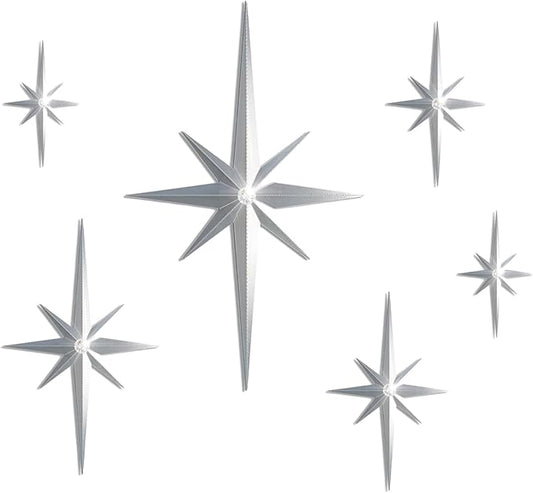 BreezeHug 6 Pcs Mid Century Modern Home Decor Star Art Wall Sculpture with Rhinestone Retro 3D Plastic Star Art Wall Sculpture Bling Diamonds Decor for Home Office Bedroom Entryway(Silver)