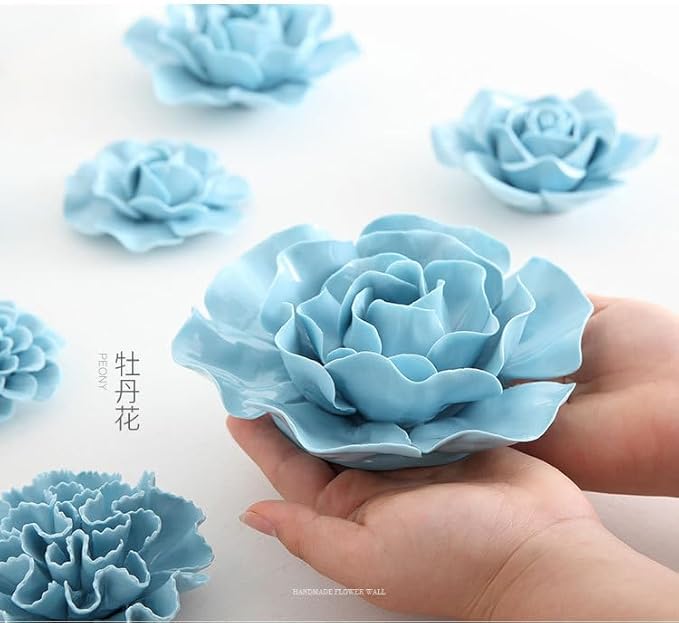 AMERRY 3D Flower Wall Art, Handmade Porcelain Decor for Home Office (Blue, Peony, 4.72")