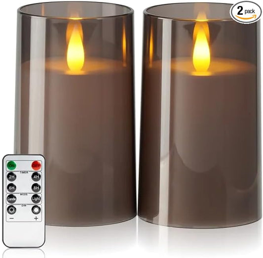 Amagic 3"×5" Gray Flameless Candles with Remote and Timer, Realistic Flickering Battery Operated Acrylic Led Fake Candles for Home Wedding Party Fall Christmas Decor, Set of 2