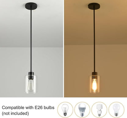 3 Pack Black Pendant Lights Kitchen Island, Modern Industrial Matte Black Hanging Light Fixtures, Adjustable Downrod Farmhouse Glass Pendant Lighting for Dining Room Bedroom Hallway Entryway