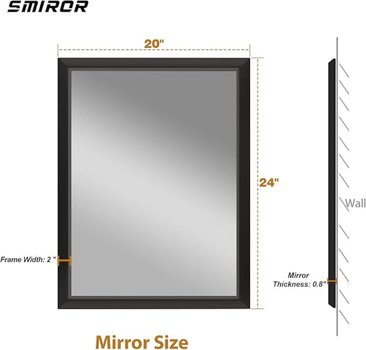 SMIROR Matte Black Bathroom Mirror for Over Sink 20x 24 inch, Metal Thick Frame Rectangle Vanity Mirror for Wall, Anti-Rust, Horizontally or Vertically Mounted